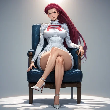 Basic Instinct Pose, B4sic1nstinctP0se, basic_instinct_(movie), source_anime,  artist style:Urushihara Satoshi, source_hentai, source_anime,1woman, looking at viewer, facing viewer, dress, turtleneck, sitting, on_chair, bare_legs, high_heels, masterpiece,, score_9, score_8_up, score_7_up, score_6_up, Jessie\(Pokemon\), BREAK, 1girl, solo, (Jessie from Pokemon), redhead, long hair, perfect face, perfect eyes, sexy, sexy girl, seductive, beautiful eyes, petite body, wide hips, large breasts, posing, dynamic angle,