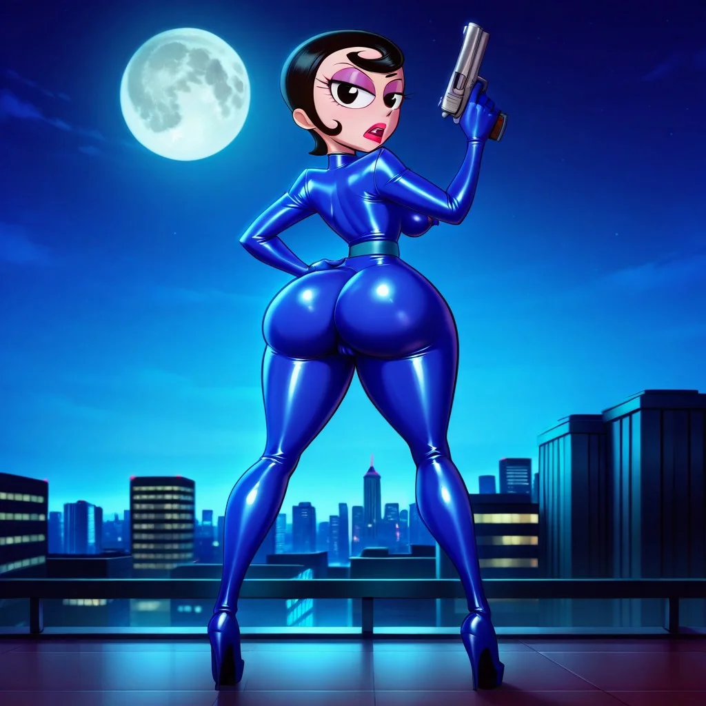 score_9, score_8_up, score_7_up, solo, 1girl, xhoneydewx, black hair, short hair, black eyes, lipstick, makeup, blue catsuit, latex catsuit, full body catsuit, gloves, long heels, cptnjerk, nipple bulge, cameltoe, tall, long legs, standing straight, ((from behind)), focus on ass, looking at viewer, upper body turned, wide stance, huge ass, tiny waist, right hand holding handgun, left hand on hip, ((full body shot)), city, city skylight, city rooftop, night-time, moon, moonlight, outdoor lighting, dynamic lighting, detailed background,