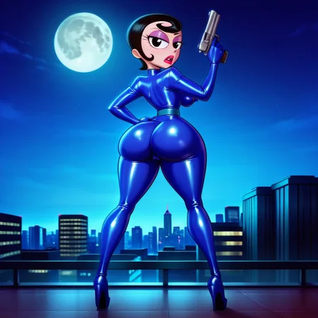 score_9, score_8_up, score_7_up, solo, 1girl, xhoneydewx, black hair, short hair, black eyes, lipstick, makeup, blue catsuit, latex catsuit, full body catsuit, gloves, long heels, cptnjerk, nipple bulge, cameltoe, tall, long legs, standing straight, ((from behind)), focus on ass, looking at viewer, upper body turned, wide stance, huge ass, tiny waist, right hand holding handgun, left hand on hip, ((full body shot)), city, city skylight, city rooftop, night-time, moon, moonlight, outdoor lighting, dynamic lighting, detailed background,