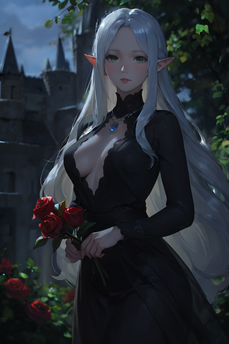 masterpiece, best quality, highres, newest, low light, dark, 1girl, solo, mature female, elf, pointy ears, breasts, long hair, very long hair, white hair, green eyes, portrait, looking at viewer, medium breasts, high collar, long dress, black dress, crown, silver crown, holding, holding flower, rose, red rose, necklace, jewelry, closed mouth, cowboy shot, standing, outdoors, castle <lora:Summer Nights [LoRA] - NoobAI-XL EPS 1.0:0.8>