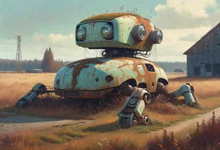 (((ultra high quality photo:1.8))) "vast overgrown field, extremely huge decrepit android, , aged and neglected appearance, advanced technology remnants, natural overgrowth, contrast between nature and forgotten futuristic elements" a rusted car next to the robot, barn in the distance, Simon Stlenhag Style, photo in phst artstyle, film photography style, light grain, medium grain, heavy grain