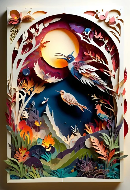 3D papercut shadow box of a parallel universe where animals have evolved to use technology, Patchwork Style, layered, dimensional, depth, silhouette, shadow, handmade, by various contemporary artists. 
concept-art, fantasy, epic, majestic, magical, dreamy, perspective, light and shadow, moody, epic, 
beautiful, painterly, aesthetic, textural, vivid, vibrant, intricate details, highly detailed, ultra-detailed, absurdres, 
aid291, ptchkrawk , Jed-pprct