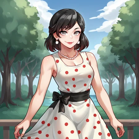 score_9, score_8_up, score_7_up, score_6_up, score_5_up, score_4_up, zPDXL2,source_anime,rating_questionable, 1girl, solo, looking at viewer, cowboy shot, <lora:1950s_Housewife_Outfit:0.8> 50sHous3Wif3,polka dot dress, pearl necklace, earrings, bow, makeup, lipstick, curvy, smile, outdoors <lora:Summer_Rose_-_RWBY:0.7> summerrose_rwby,grey eyes,black hair,