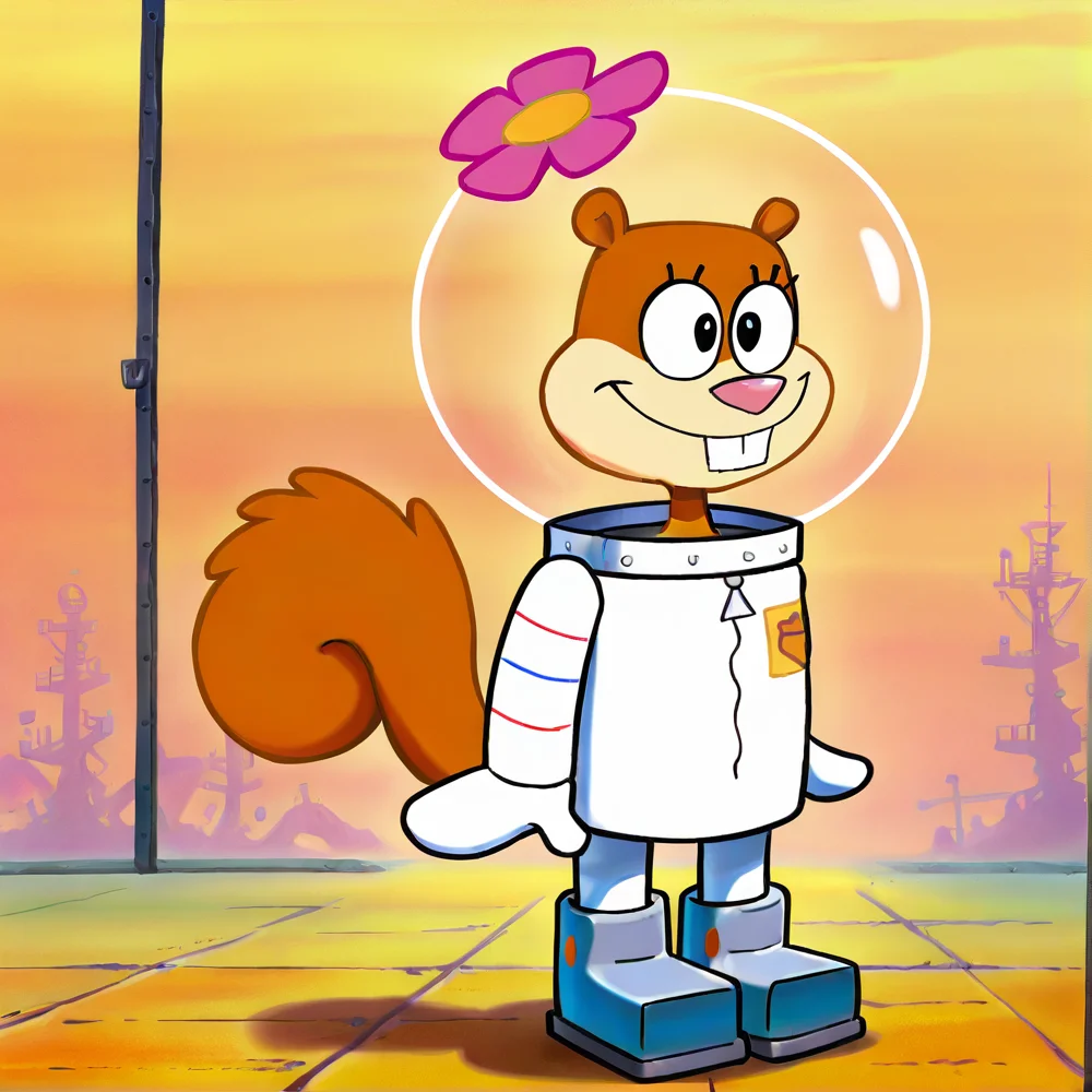 hi res, best quality, female, Score_9, score_8, score_7 BREAK, best anatomy, (solo), small body, young, petite, ultra detailed, short, (source_cartoon), (((show accurate))), (masterpiece), <lora:Sandy_Cheeks_Illustrious:1>, s@ndy_cheeks, furry, squirrel, buck teeth, black eyes, squirrel tail, smile, standing, astronaut suit, flower
