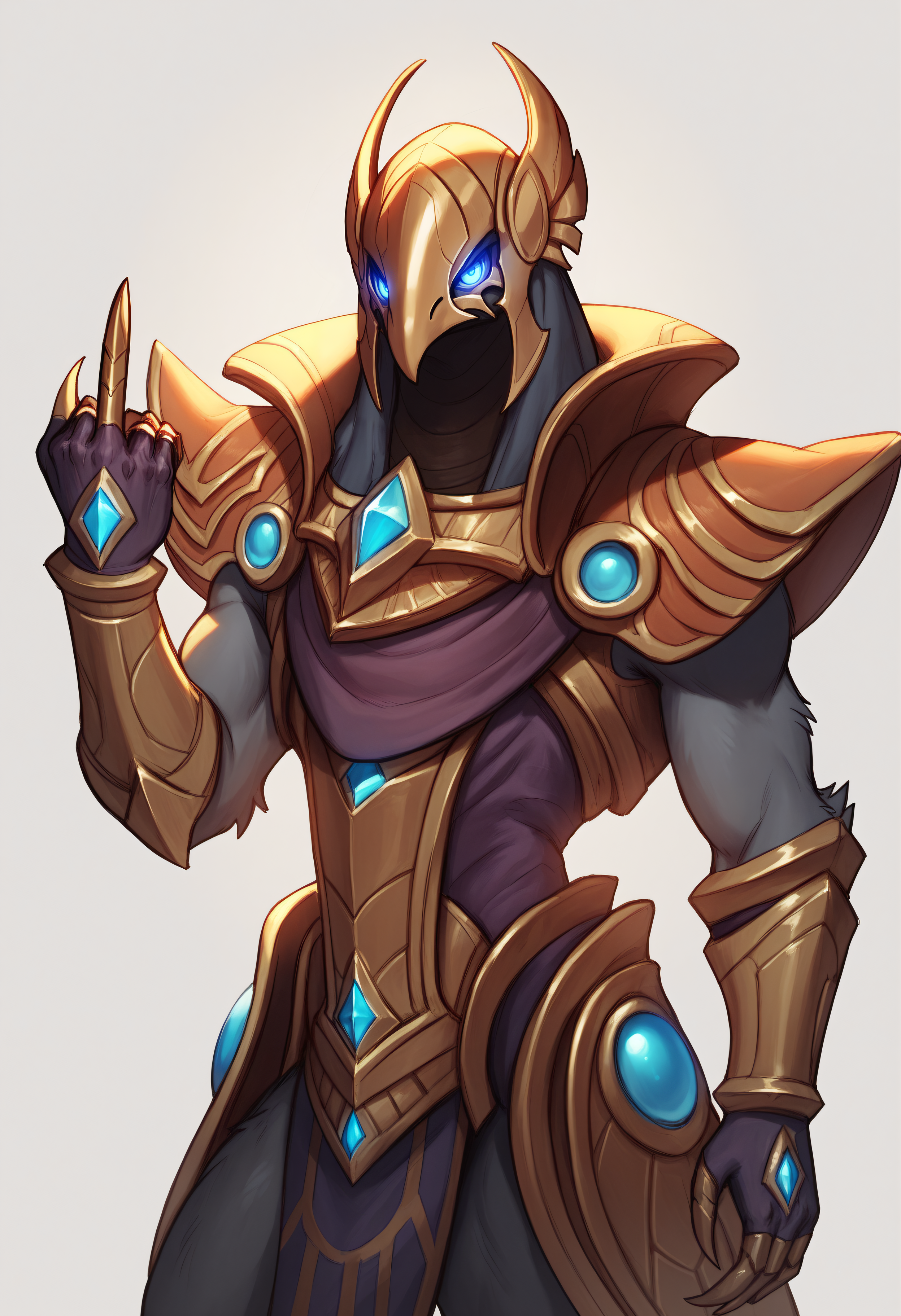 score_9, score_8_up, score_7_up, score_6_up, score_5_up, score_4_up, BREAK, azirpdxl, 1boy, solo, male focus, armor, helmet, shoulder armor, gauntlets, grey fur, blue eyes, glowing eyes, on tv, many televisions, middle finger, flipping viewer off, claws, <lora:Azir_-_League_of_Legends_Attempt_2-000005:0.8>