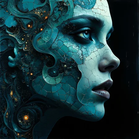 phantasmagoric, Psychedelic surreal, abstract, parallax, deep turquoise Aura flickering, deep contrasting shadows, full transparent body portrait of beautiful Neo-noir top photo model female vampire, sharp focus, photorealism, dark fantasy dreamscape background