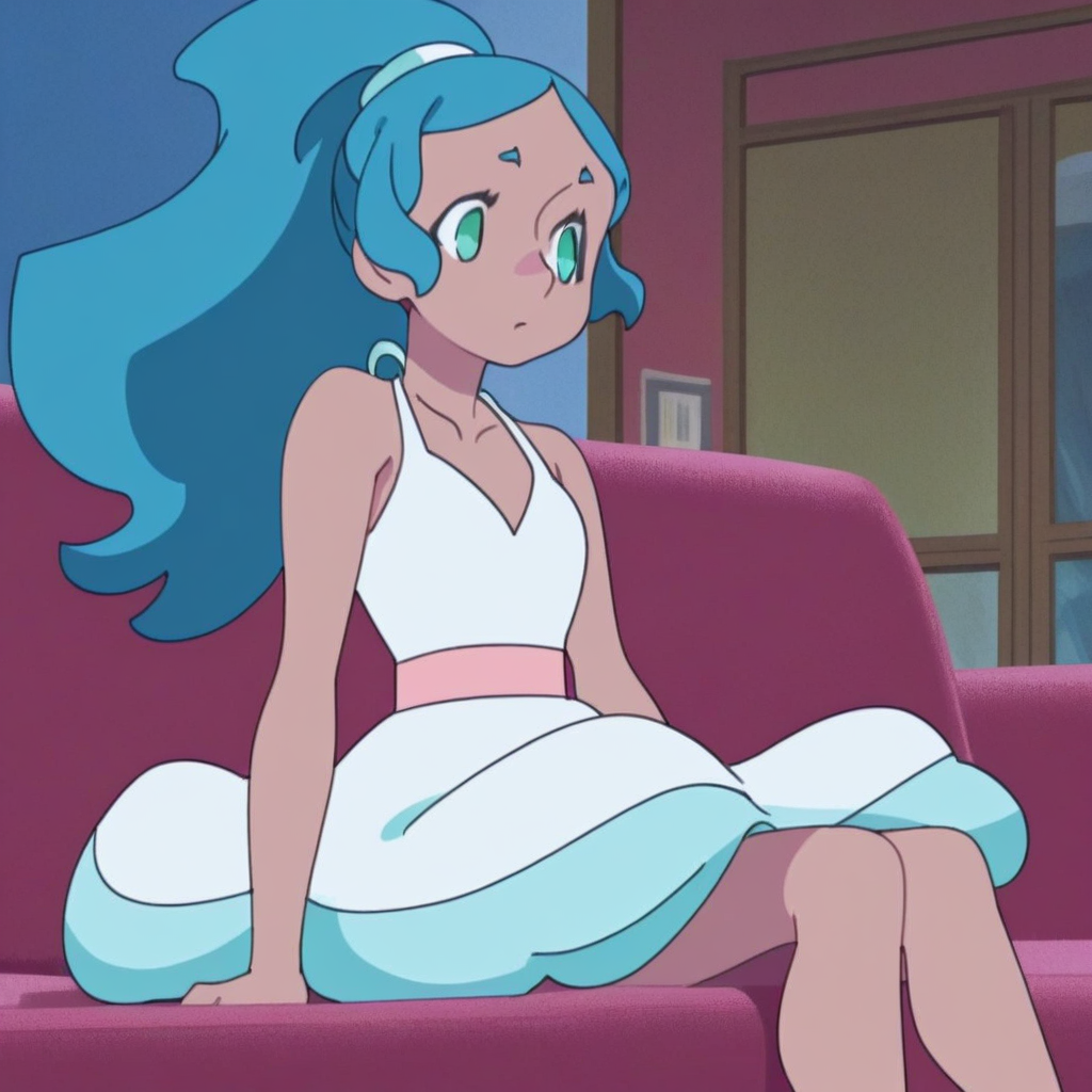 score_9, solo, nina_bna, dark skin, blue hair, long hair, ponytail, dress, sitting, sofa, indoors