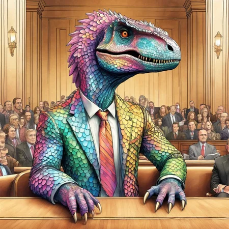 Judgment, standing in the dock, handdrawn sketch of court proceedings on buff coarse paper, colored ink with soft pencil, senior politician:velociraptor:defendant made out of iridescent scales, dinosaur, speaking, being watched by crowd of judges, court of law, high-resolution,
p1nk1r1sc4l3s