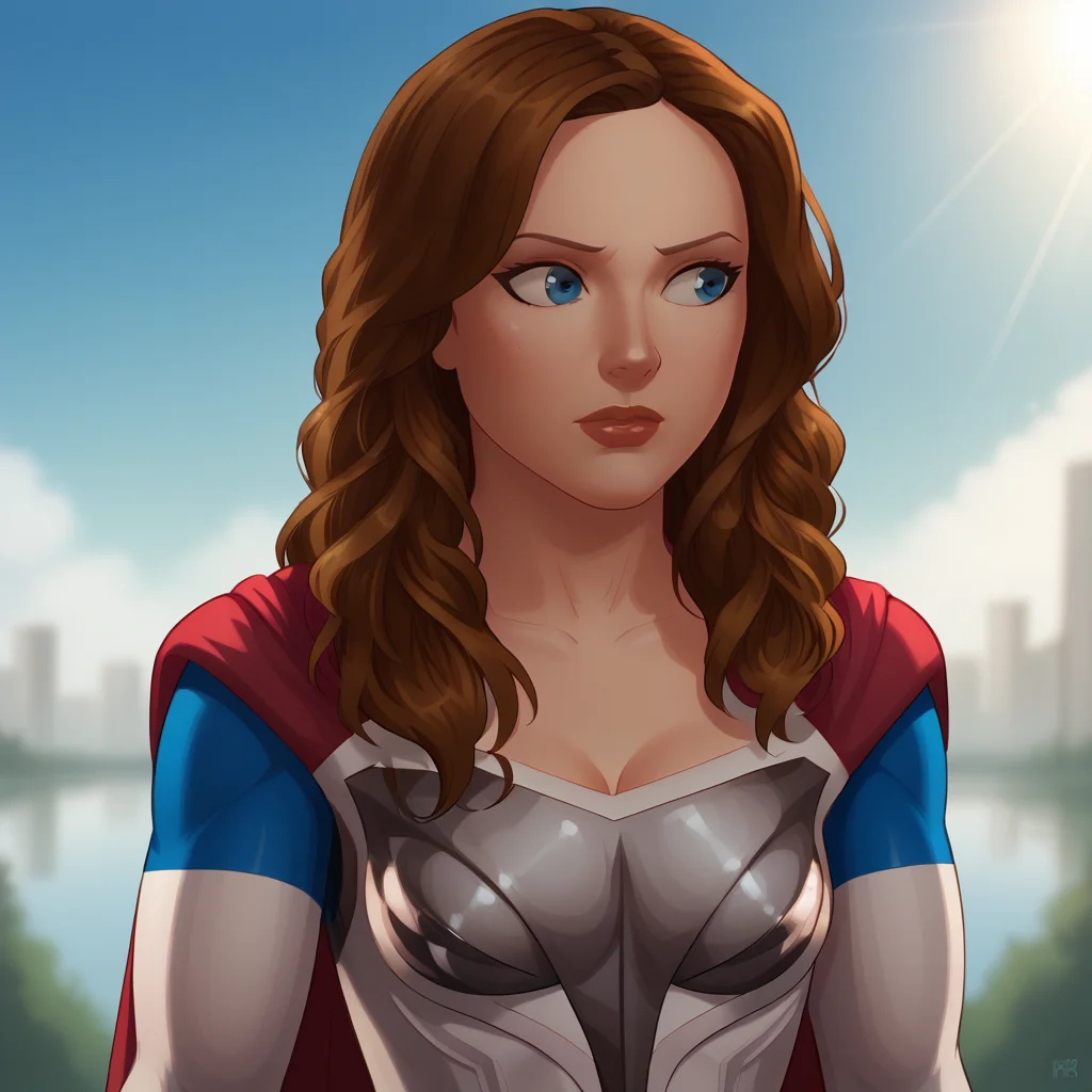 score_8_up, BREAK, Jetstream, 1girl, solo, long hair, brown hair, blue eyes, bodysuit, superhero, gloves, cape, upper body, <lora:Jetstream_SkyHigh_PXL_Leaf2:1>, outdoors, blue sky, depth of field, light rays,