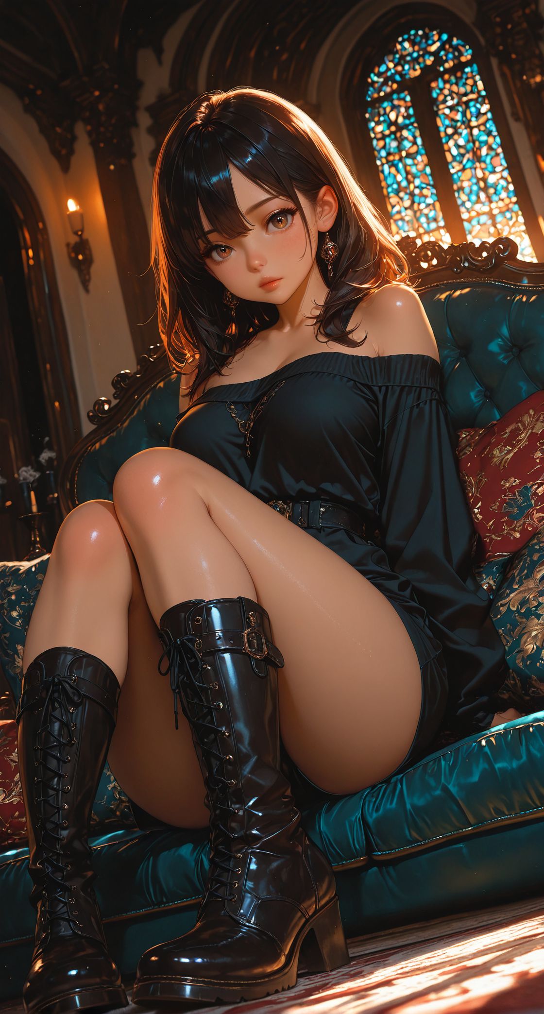intense lighting,depth of field,dynamic composition,dutch angle,detailed backgroud,foreshortening,blurry edges,<lora:MoriiMee_Gothic_Niji_Style_Illustrious_r1:0.6>,, masterpiece,best quality,amazing quality,high quality,ultra-HD,newest,highres,8K,HDR,absurdres,vibrant colors,Volumetric lighting,cinematic,cinematic lighting,high detail,depth of field,(dramatic lighting),very aesthetic,
<lora:AddMicroDetails_Illustrious:0.4>,, (viewer over-the-shoulder),(walk-in),(Worry),(footwear knee-high boots),(harem, Lounge Area, plush cushions and sofas, low tables with ornate decorations, incense burners, soft ambient lighting, luxurious drapes),