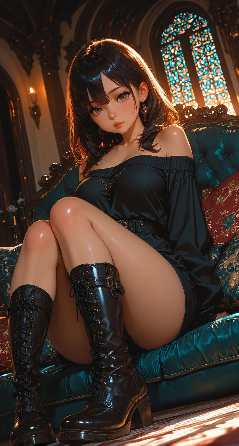 intense lighting,depth of field,dynamic composition,dutch angle,detailed backgroud,foreshortening,blurry edges,<lora:MoriiMee_Gothic_Niji_Style_Illustrious_r1:0.6>,, masterpiece,best quality,amazing quality,high quality,ultra-HD,newest,highres,8K,HDR,absurdres,vibrant colors,Volumetric lighting,cinematic,cinematic lighting,high detail,depth of field,(dramatic lighting),very aesthetic,
<lora:AddMicroDetails_Illustrious:0.4>,, (viewer over-the-shoulder),(walk-in),(Worry),(footwear knee-high boots),(harem, Lounge Area, plush cushions and sofas, low tables with ornate decorations, incense burners, soft ambient lighting, luxurious drapes),