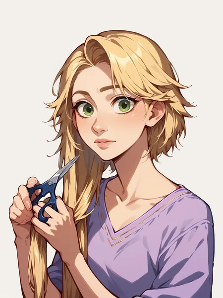 score_9, score_8_up, score_7_up, score_6_up,   <lora:cuth41r2:1> cutting hair, cuth41r, haircut, cut off hair, cutting hair, holding hair, holding scissors, 1girl, Rapunzel
