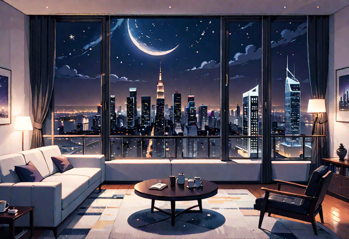 ((front view)), Shallow scene, (((animation style))), (night), modern-style interior, with white walls, (large windows), a  study, Sofa, coffee table, bookcase, single wall, ((dark room)), quiet and mysterious night sky,  city night view, (City high-rise building scenery), (City scenery outside the window), starry sky, moonlight,