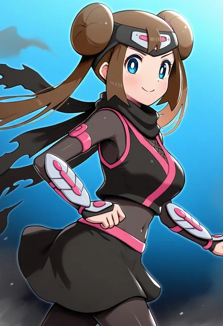 [hinosaki, pokemoa, gonzarez], 2d, masterpiece, best quality, amazing quality, 1girl, solo, close-up, running, from side, smile, upper body, cowboy shot, looking at viewer, simple background, gradient background, smoke splashes, black background, blue background,  ninrosa, blue eyes, white pupils, brown hair, long hair, twintails, double bun, bangs, forehead protector, arm guards, fishnet bodystocking, black bodysuit, black scarf, torn scarf, ninja, black skirt, miniskirt