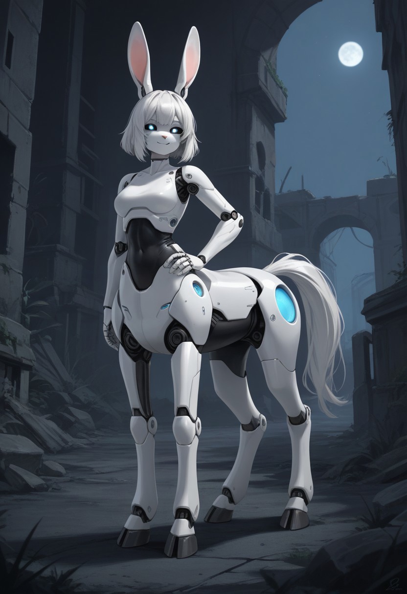 score_9,score_8_up,score_7_up,score_6_up,score_5_up,score_4_up, BREAK Lop rabbit, robot, centaur, solo, smile, industrial ruins, night, hooves, white horse tail, Robot girl, Mecha, Android, mechanical limbs, robot joints, white metal skin, black sclera, no mouth, armor, glowing eyes, furry, white hair, rabbit head, floppy rabbit ears, rabbit nose, hand on hip