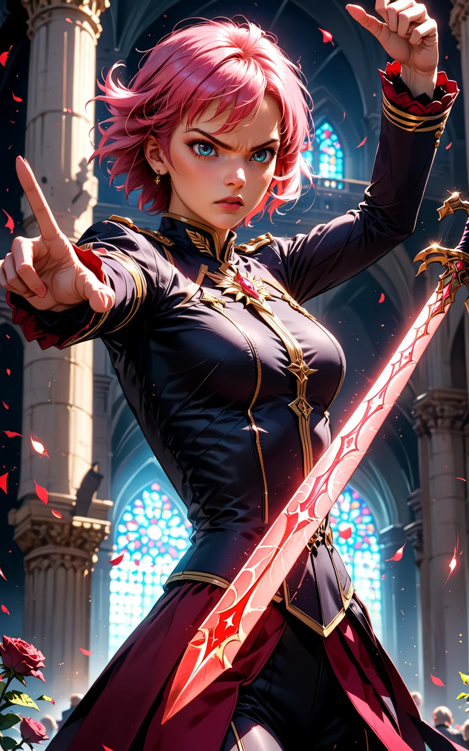 score_9, score_8_up, score_7_up,
fearless woman with pink hair, charging forward with sword, red roses trailing behind, determined expression, vibrant colors, high contrast, hyper-realistic, dynamic motion, powerful pose, detailed, high-definition, intense, cinematic, energetic, epic atmosphere, dramatic
noblewoman, military uniform, long sleeves, short hair, grand cathedral, raised hand, (dynamic pose:1.8), motion line