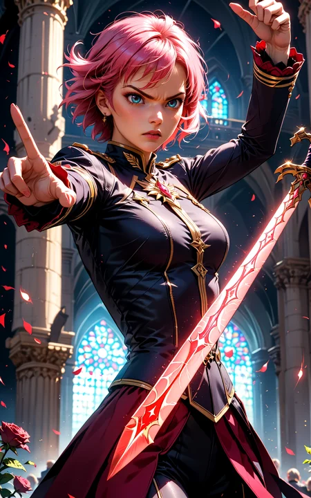 score_9, score_8_up, score_7_up,
fearless woman with pink hair, charging forward with sword, red roses trailing behind, determined expression, vibrant colors, high contrast, hyper-realistic, dynamic motion, powerful pose, detailed, high-definition, intense, cinematic, energetic, epic atmosphere, dramatic
noblewoman, military uniform, long sleeves, short hair, grand cathedral, raised hand, (dynamic pose:1.8), motion line