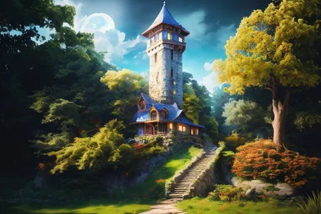 RAW photo, (masterpiece:1.3), subsurface scattering, heavy shadow, (high quality:1.4), (intricate, high detail:1.2), professional photography, HDR, High Dynamic Range, realistic, ultra realistic, photorealistic, high resolution, film photography, ambient lighting, atmospheric effects, <lora:detail_slider_v4:2>, OverallDetail, witow, blue sky, blurry, cloud, flag, grass, house, moon, no humans, scenery, sky, stairs, tower, tree, <lora:Wizard_Tower-10:1>, epiCPhoto
