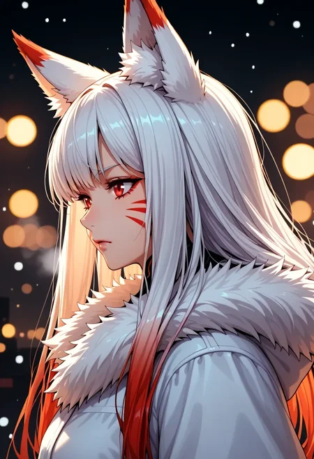 <lora:noobai_ep11_stabilizer_v0.114_fp16:0.8>1girl,fox ears,red eyes,white hair,red hair,long hair,closed mouth,multicolored hair,whisker markings,fur trim,from side,snowing,dark sky,bokeh,cyberpunk,masterpiece,