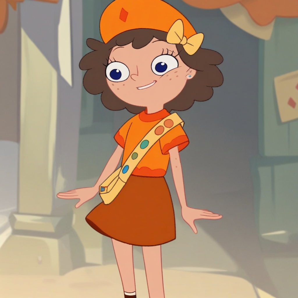 score_8, score_9, milly, hat, brown hair, hair bow, freckles, blue eyes, skirt