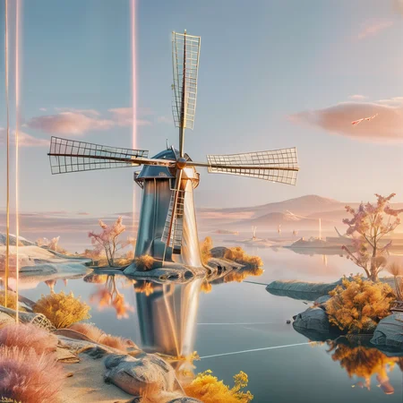 a windmill in the style of  <lora:unreal_engine_futuristic_mirror_style-000010neu:0.8> unreal engine futuristic mirror