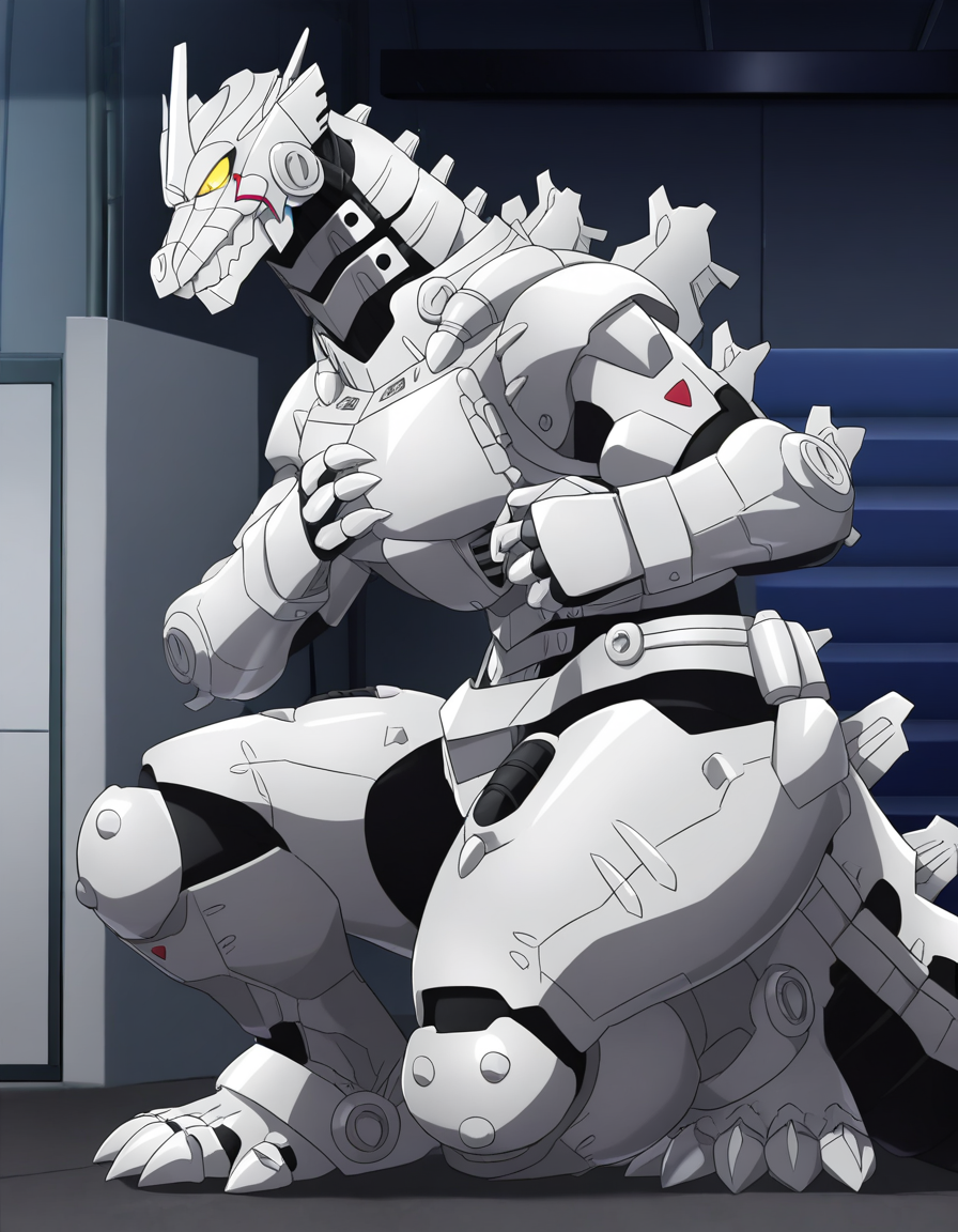1other, solo, dragon, robot, kiryu, male, on one knee, hand on chest, 5 fingers, 4 toes, yellow eyes, looking down, narrowed eyes, tail, (garage), from side, detailed face, anime screencap, year 2023, year 2024, (masterpiece, best quality, very aesthetic, amazing quality), absurdres, highres