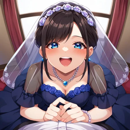 score_9, score_8, score_7, source_anime, wedding dress, POV, looking at viewer, blush, smile, open mouth, upper teeth only