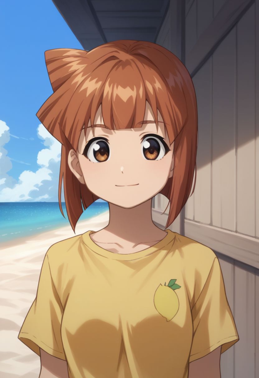 score_9, score_8_up, score_7_up, source_anime, 
eiko, 1girl, solo, shorts, short, hair, shirt, day side ponytail, yellow shirt, brown hair, bob cut, bangs, upper body, brown eyes, smile, closed mouth,
outdoor, beach,