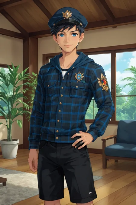 score_9, score_8_up, score_7_up, source_anime, rating_safe, , anime screencap, , official style, , , 1boy, solo, male focus, <lora:natsumi_hamasaki_pony:1>, natsumi_hamasaki, black hair, blue eyes, short hair, uniform, cowboy shot, living room, plant, day, sunny, arm at side, smirk, male Young adult Refined, Polynesian, Honey eyes, Round Ears, Square Jaw, Prominent Cheeks, Long face shape, , Blonde Man bun hair, Disgust, wearing Denim Checkered Black Cargo boardshorts, Flannel hoodie, Loafers, Newsboy cap,, Hands on the stomach, suggesting nervousness or discomfort, <lora:sdxl_lightning_8step_lora:1>