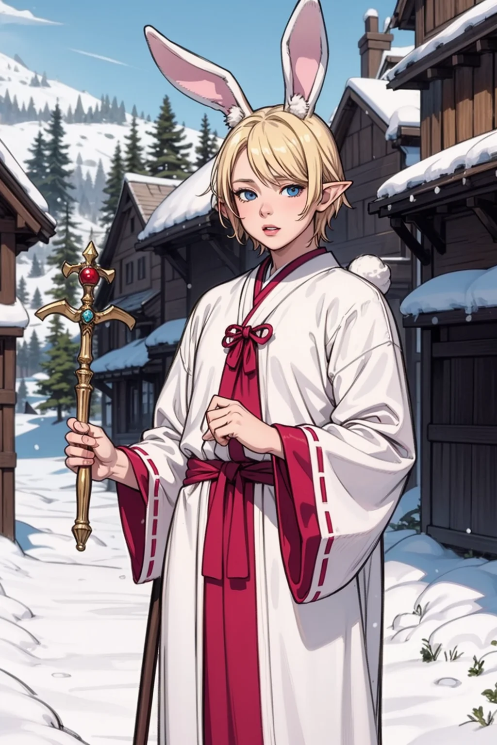 (masterpiece, best quality, detailed, beautiful, realistic),
1boy, elf, young, cute, adorable, effeminate, (big bunny ears:1.2), pink and white mage robe, otoko no ko, slender, slim, small, holding staff, (blonde hair, blue eyes),
medieval town, snow,
<lora:weight_slider_v2:1.4>, <lora:gender_slider_v1:0.8>