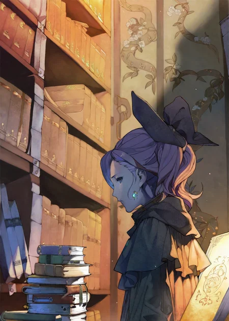 by oda non
by rella, by yogisya
1girl explores a dimly lit attic filled with old books, casting eerie shadows on the walls. close up
magic library
colorful
gradient
glowing particles
warm lights,
