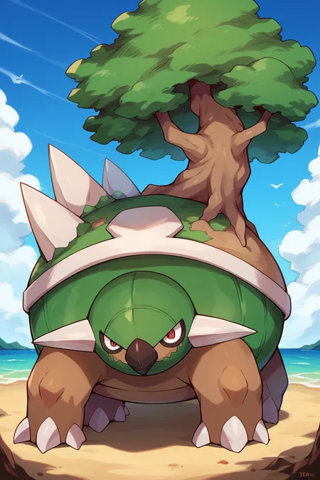 score_9, score_8_up, score_7_up, score_6_up, BREAK torterra, pokemon \(creature\), no humans, tree, solo, sky, claws, red eyes, outdoors, day, closed mouth, straight-on, cloud, spikes, blue sky <lora:TorterraPony:1>