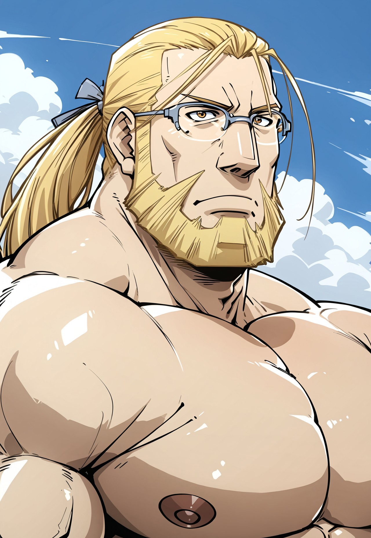 safe_pos, score_9, score_8_up, score_7_up, source_anime, solo, 1boy, van_hohenheim, blonde hair in a ponytail, blonde beard, glasses, nude, muscular, bara, portrait, face and pecs focus, hyper huge pecs, hyper huge nupples,