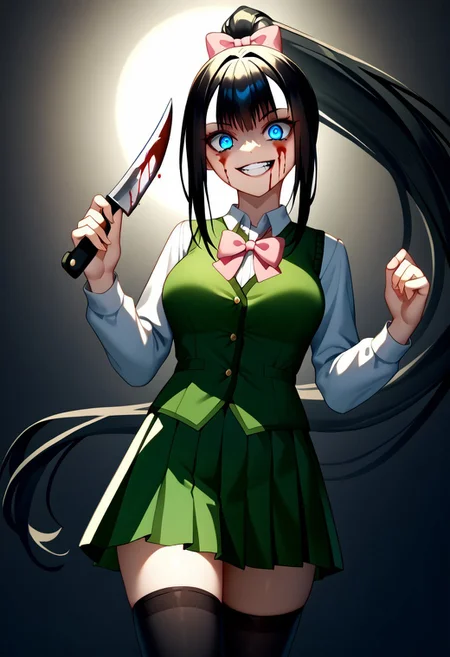 score_9, score_8_up, score_7_up, score_6_up, score_5_up, score_4_up, YangYang, very long black hair, large breasts, medium breasts, (Blue eyes: 1.2), 1 ponytail
Green vest, green skirt, school uniform, collared shirt, black stockings, pink bow, white shirt, long-sleeved shirt
<lora:evil-grin-ponyxl-lora-nochekaiser:1>, evil grin, evil smile, grin, evil eyes, crazy eyes, teeth, shaded face, blood, aura, blood on face,,, looking at viewer, blush, knift, holding knife,, , cowboy shot, solo