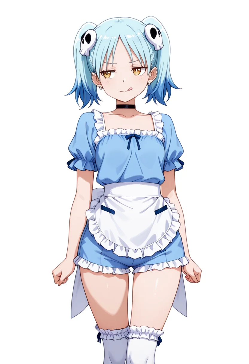 masterpiece,high quality details, absurdres,
<lora:Izutsumi_Marín:0.8>
izutsumi_cnr, 1girl, blue hair,yellow eyes, multicolored hair, skull hair ornament, twintails, black choker,ear piercing,, simple background, white background, front view,solo,, annoyed,disappointed,, ;q,, ultra realistic, high detailed skin,, frilled shirt,waist apron,high-cut shorts, ,frilled legwear kneehighs,