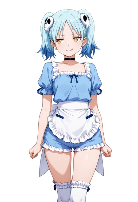 masterpiece,high quality details, absurdres,
<lora:Izutsumi_Marín:0.8>
izutsumi_cnr, 1girl, blue hair,yellow eyes, multicolored hair, skull hair ornament, twintails, black choker,ear piercing,, simple background, white background, front view,solo,, annoyed,disappointed,, ;q,, ultra realistic, high detailed skin,, frilled shirt,waist apron,high-cut shorts, ,frilled legwear kneehighs,