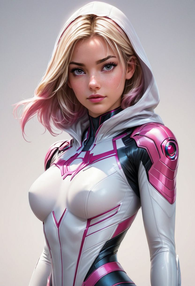 Belle, Gwen Stacy, Spidergwen, powered futuristic outfit, white and pink outfit, white hood on shoulders, webslinger pose, style of stanley artgerm, artgerm style, white background, simple background,nsfw, small breasts, flat chested