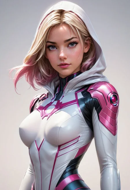 Belle, Gwen Stacy, Spidergwen, powered futuristic outfit, white and pink outfit, white hood on shoulders, webslinger pose, style of stanley artgerm, artgerm style, white background, simple background,nsfw, small breasts, flat chested
