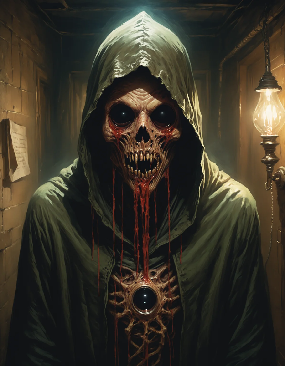 Within the labyrinthine confines of a forgotten laboratory, a hooded cultist uncovered an arcane relicâa macabre mirror that showed the world beyond the veil of sanity. Its reflective surface warped reflections into grotesque visions, a testament to the horrors lurking beneath the mundane. The observer, eyes hidden under a cowl, stared into the abyss and found their own face twisted into an uncanny mask, a warning of what lay just beyond the realm of the seen. <lora:The_Grey_Ones_Horror_Theme_v2-000008:0.8> gr4y0ne, horror (theme)