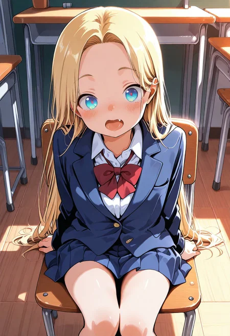 masterpiece, cute, lovely, (best quality:1.3), (amazing quality:1.3), high gradient eyes, very aesthetic, (1girl), solo, (Aya_Style), sasha \(haguhagu\), open_mouth, blue eyes, blonde hair, fang, white school uniform, red bowtie, blue jacket, shirt, collared shirt, blazer, long sleeves, blue skirt, pleated skirt, (front view), sitting, chair, classroom