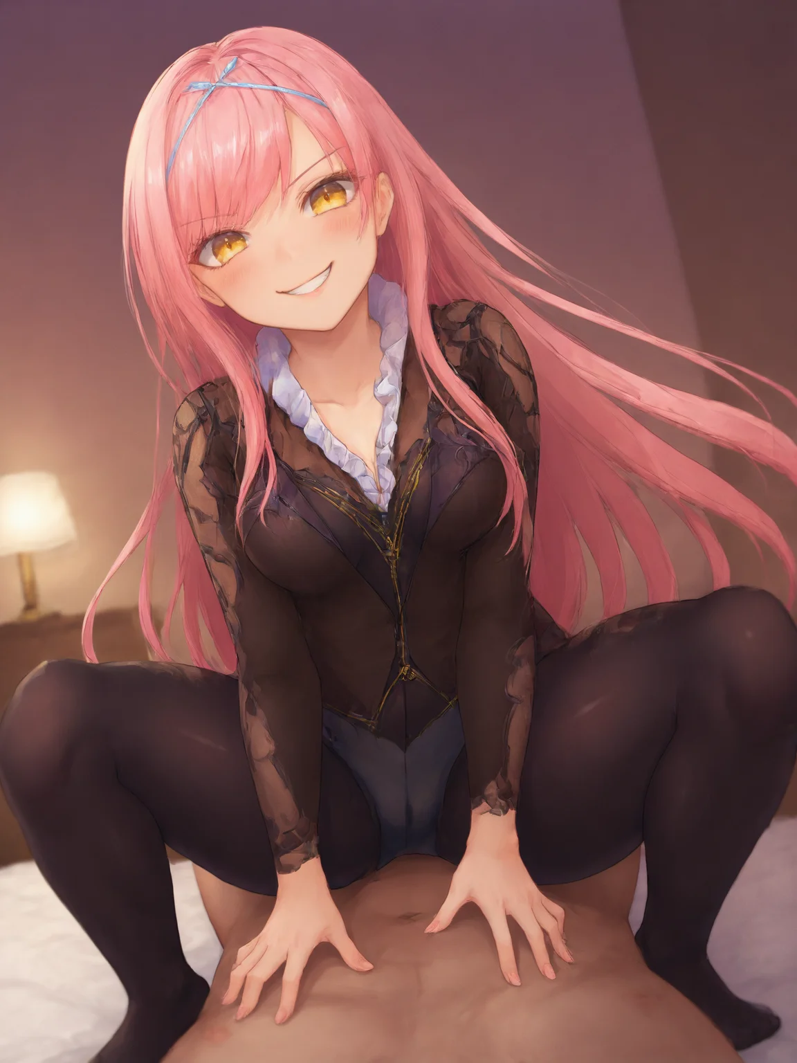score_9, score_8_up, score_7_up, BREAK,
1girl, solo focus, BREAK,
cnocnariabhfate, yellow eyes, black dress, pink hair, black pantyhose, <lora:Cnoc_na_Riabh:0.8>, BREAK,
smug, smile, blush, looking at viewer, BREAK,
squatting cowgirl position, straddling, girl on top, facing viewer, straight-on, hands on another's chest, BREAK,
1boy, clothed female nude male, pov crotch, BREAK,
indoors, bedroom