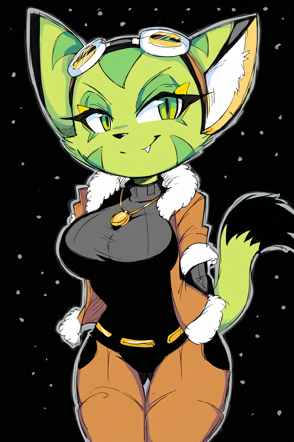 Feminine, intricate, score_9, score_8_up, score_7_up, score_6_up, score_5_up, corazon_tea, big breasts, furry, goggles, brown fur-trimmed jacket, open jacket, black bodysuit, hands behind back, gold necklace, brown pants, leaning forward, bust portrait, stars in background,
BREAK
seductive, alluring, charming,
BREAK
<lora:pony_good_hands:1>, good_hands, better_hands,
BREAK
scene, dark background, starry sky, outline, <lora:Corazon_Tea:1>