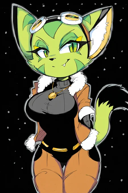 Feminine, intricate, score_9, score_8_up, score_7_up, score_6_up, score_5_up, corazon_tea, big breasts, furry, goggles, brown fur-trimmed jacket, open jacket, black bodysuit, hands behind back, gold necklace, brown pants, leaning forward, bust portrait, stars in background,
BREAK
seductive, alluring, charming,
BREAK
<lora:pony_good_hands:1>, good_hands, better_hands,
BREAK
scene, dark background, starry sky, outline, <lora:Corazon_Tea:1>