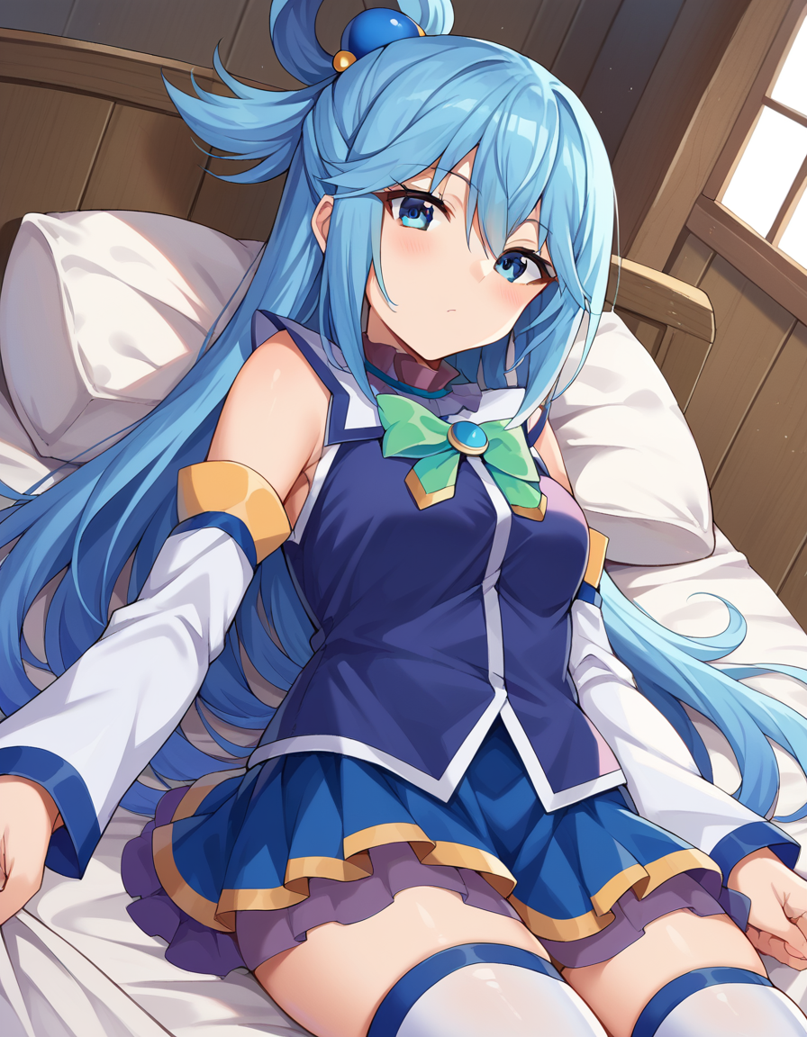 score_9, score_8_up, score_7_up, source_anime,
konosubaaqua, <lora:konosuba-aqua-ponyxl-lora-nochekaiser:1>,
aqua, long hair, blue eyes, hair ornament, very long hair, blue hair, hair rings, single hair ring, hair bobbles,
skirt, shirt, thighhighs, bare shoulders, detached sleeves, white thighhighs, blue skirt, blue shirt, green bow,
indoors, stable, hay, sleeping, blanket,
looking at viewer, cowboy shot, dutch angle,