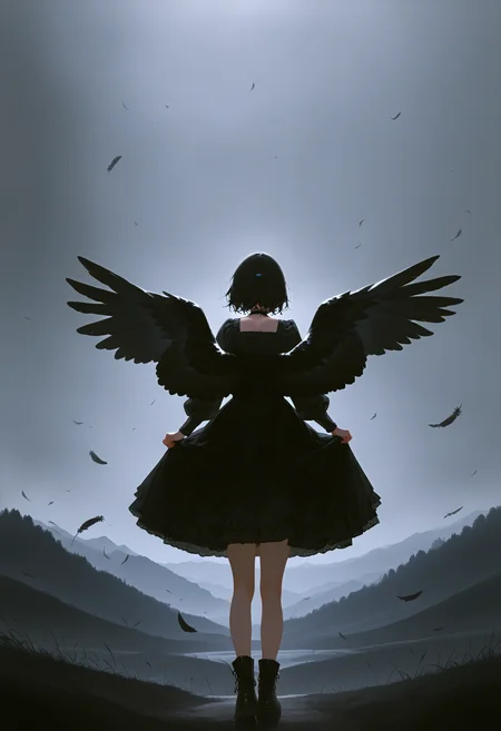 <lora:EtherPDXLStyleXL:1>, best quality, masterpiece, EtherPDXLStyle, 1girl, black wings, black dress, black hair, feathered wings, short hair, outdoors, from behind, standing, grey sky, long sleeves, black footwear, grass, puffy sleeves, full body, facing away, skirt hold, boots, mountainous horizon, fog, bird wings, black theme, scenery, choker, overcast