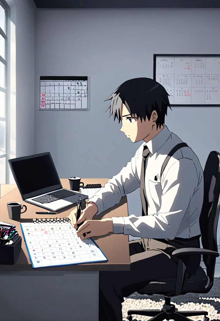 Highres, Masterpiece, High Quality, 4K, 8K, solo, 1Boy, Takaki Toono, adult, black hair, short hair, worker, working, office space, office desk, white wall, carpet floor, office chair, sitting, concentration, focus, think, fidget, pen, notepad, laptop, coffee, water bottle, document, calendar, calculator, wall clock, easynegative, detailed_eye_model