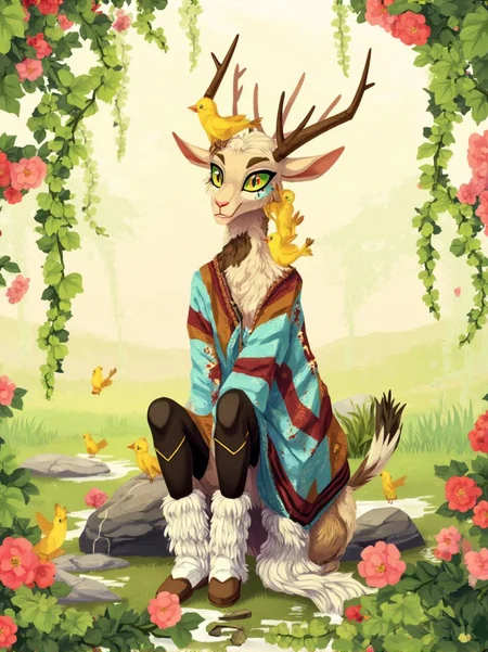 <lora:ck-LttleGhost-000011.safetensors:1> in the style of ck-lttlegh0stIn this whimsical illustration, a leather-clad goat sits amidst lush green vines and pink flowers, surrounded by tiny yellow birds on its shoulders. The goat's expression is wide-eyed and innocent, wearing a bold multicolored leather sweater with dark leather leggings and white moccasin-style boots adorned with fringe. Against a dreamy pastel backdrop, this fantastical scene is both captivating and enchanting.