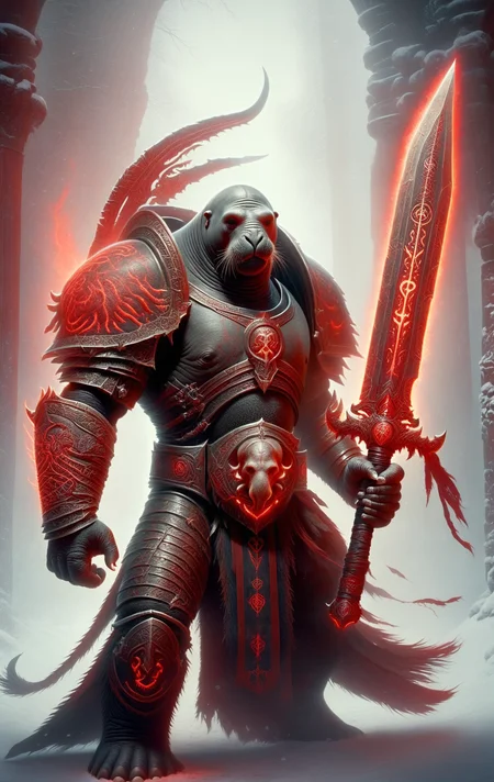 elephant seal, death knight, DonMD34thKn1gh7XL wielding runeblade, red glowing runes, two handed sword, <lora:DonMD34thKn1gh7XL-v1.1-000010:0.8>