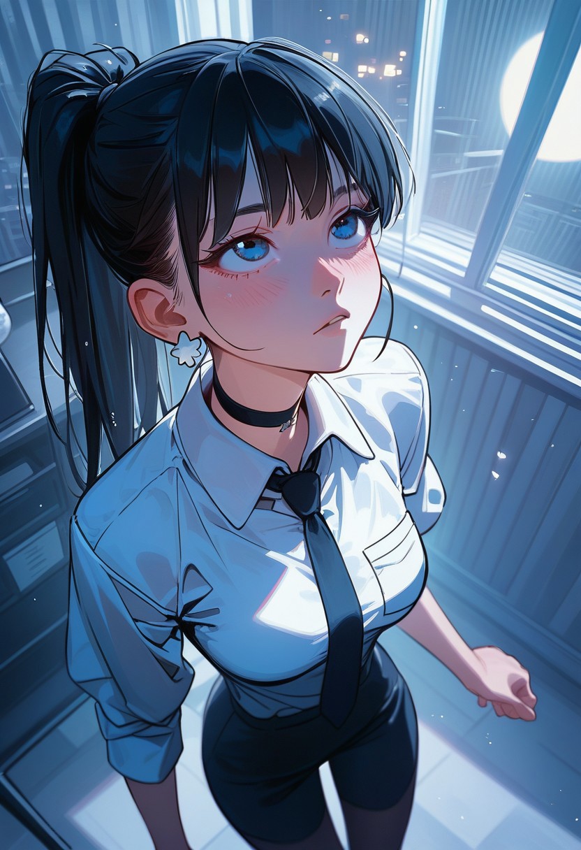 score_9, score_8_up, score_7_up, score_6_up, NEOST, rating_safe, safe for work, 1girl, young, solo, pretty face long black hair, bangs, ponytail, dark blue eyes, light blush, light makeup, medium perky breasts, seductive eyes, moon earrings, white business shirt, tie, choker, black tights, exhausted, seductive, heavy blush, looking up, eyes up, detailed background, night, moonlight, inside, office, volumetric lighting, vivid colours, from above, full body shot
