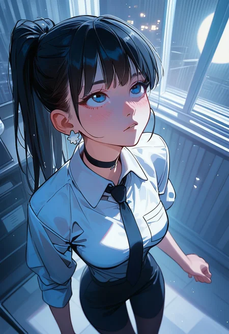 score_9, score_8_up, score_7_up, score_6_up, NEOST, rating_safe, safe for work, 1girl, young, solo, pretty face long black hair, bangs, ponytail, dark blue eyes, light blush, light makeup, medium perky breasts, seductive eyes, moon earrings, white business shirt, tie, choker, black tights, exhausted, seductive, heavy blush, looking up, eyes up, detailed background, night, moonlight, inside, office, volumetric lighting, vivid colours, from above, full body shot